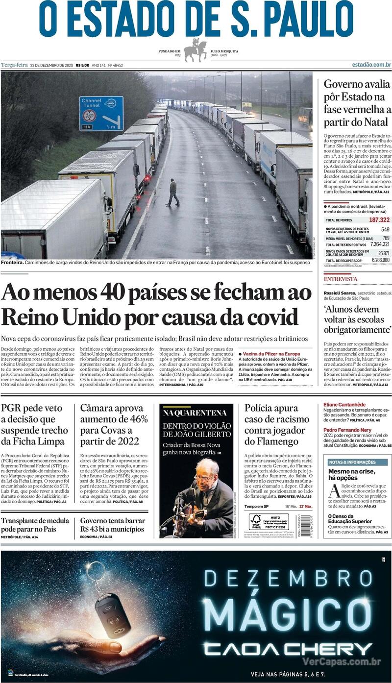 Capa do jornal Estadão 22/12/2020