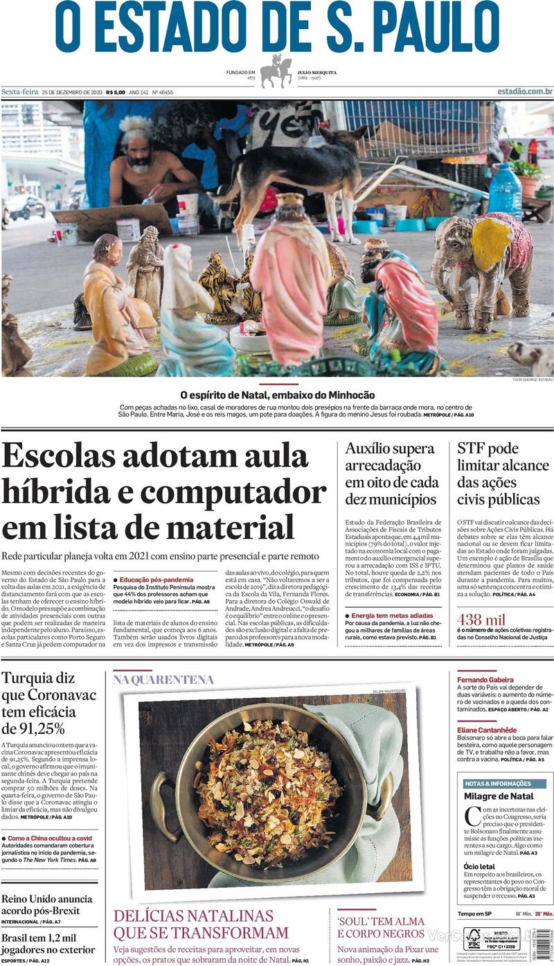 Capa do jornal Estadão 25/12/2020