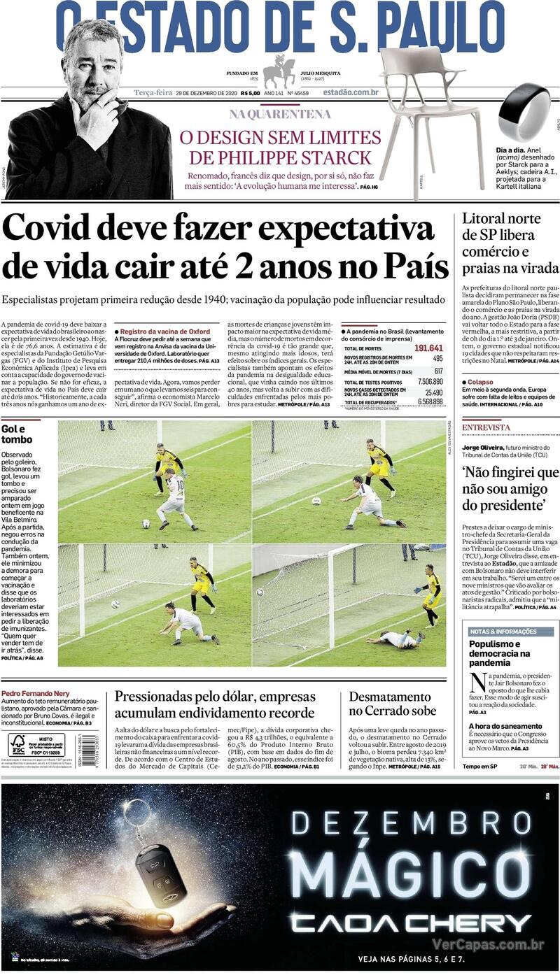 Capa do jornal Estadão 29/12/2020