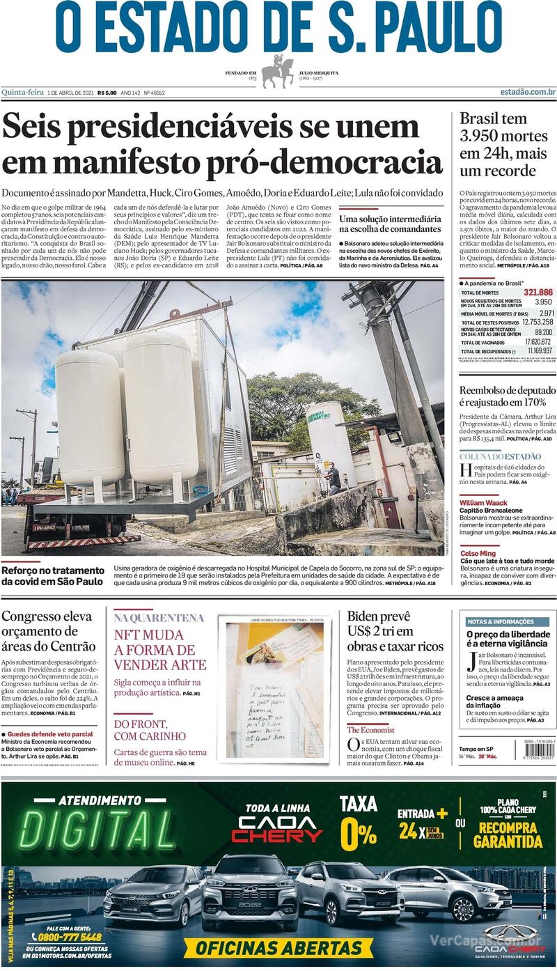 Capa do jornal Estadão 01/04/2021