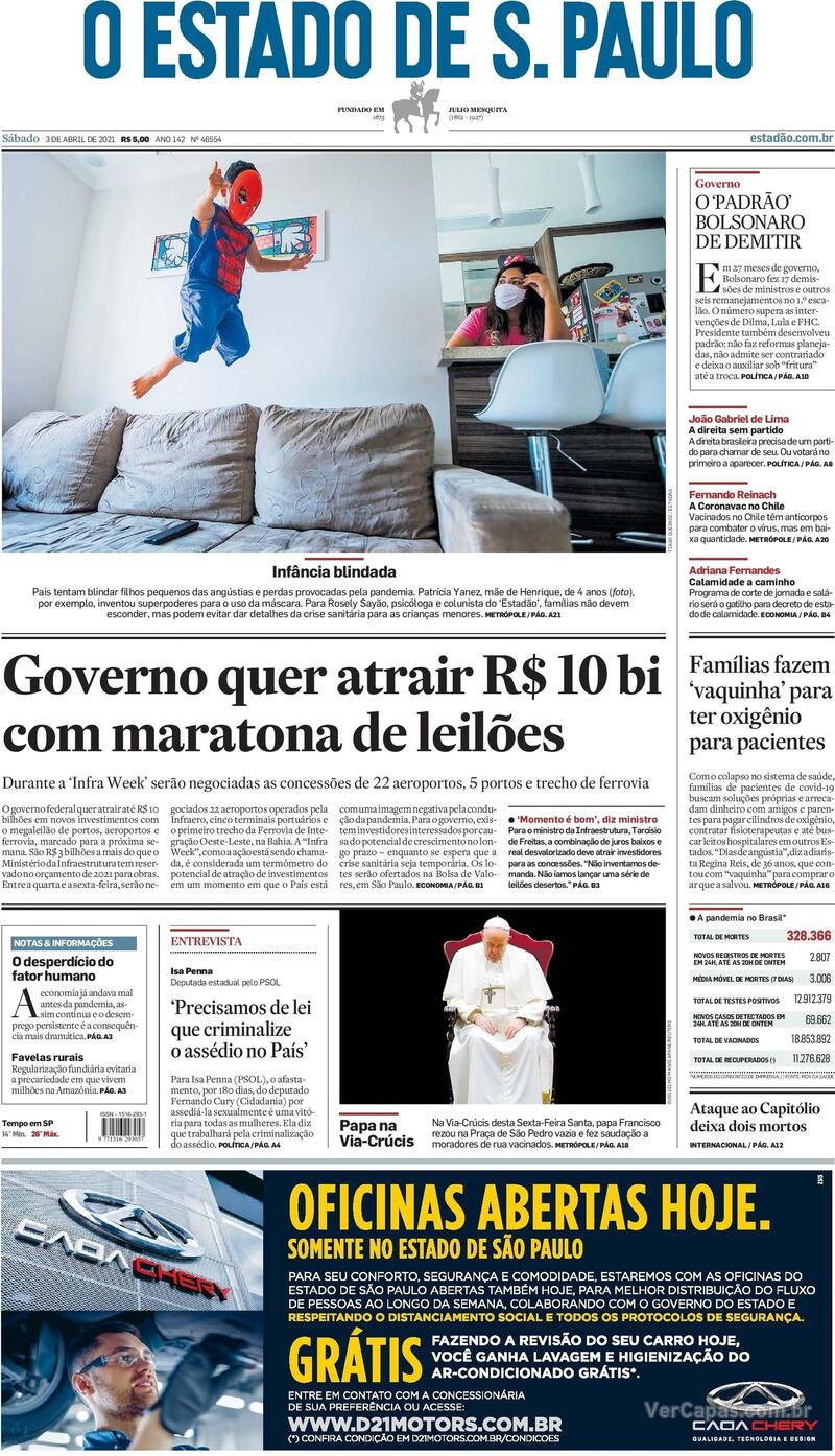 Capa do jornal Estadão 03/04/2021