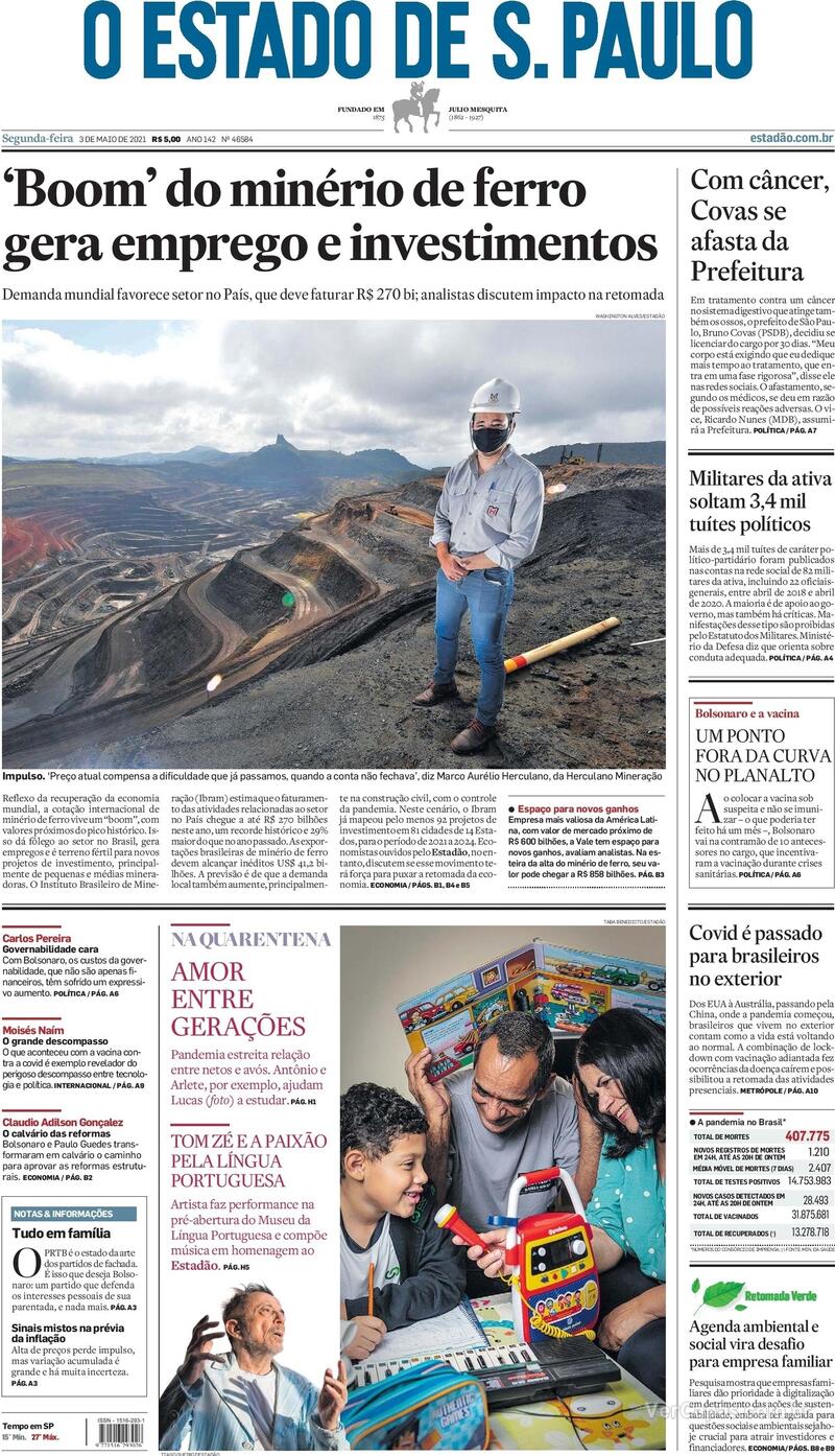 Capa do jornal Estadão 03/05/2021