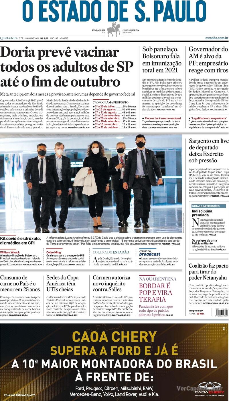 Capa do jornal Estadão 03/06/2021