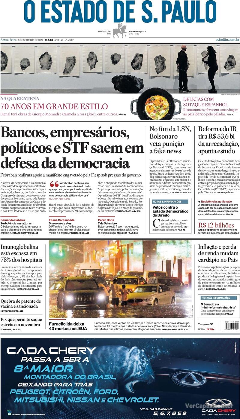 Capa do jornal Estadão 03/09/2021