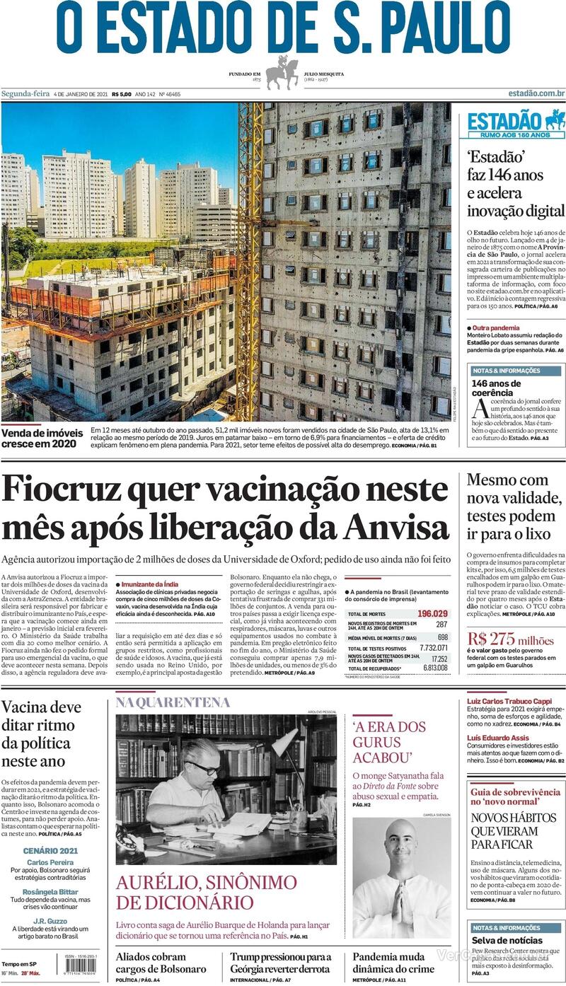 Capa do jornal Estadão 04/01/2021
