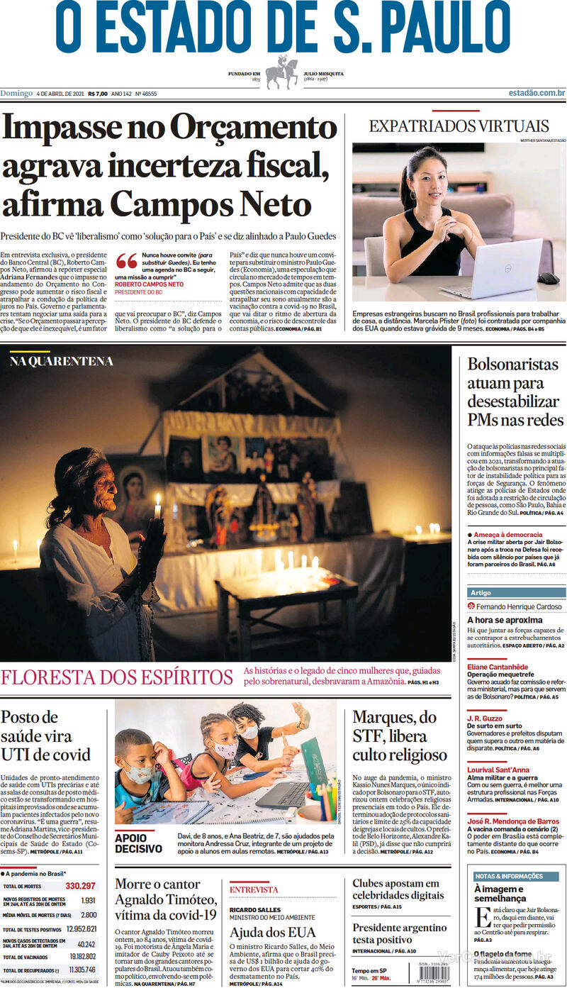 Capa do jornal Estadão 04/04/2021