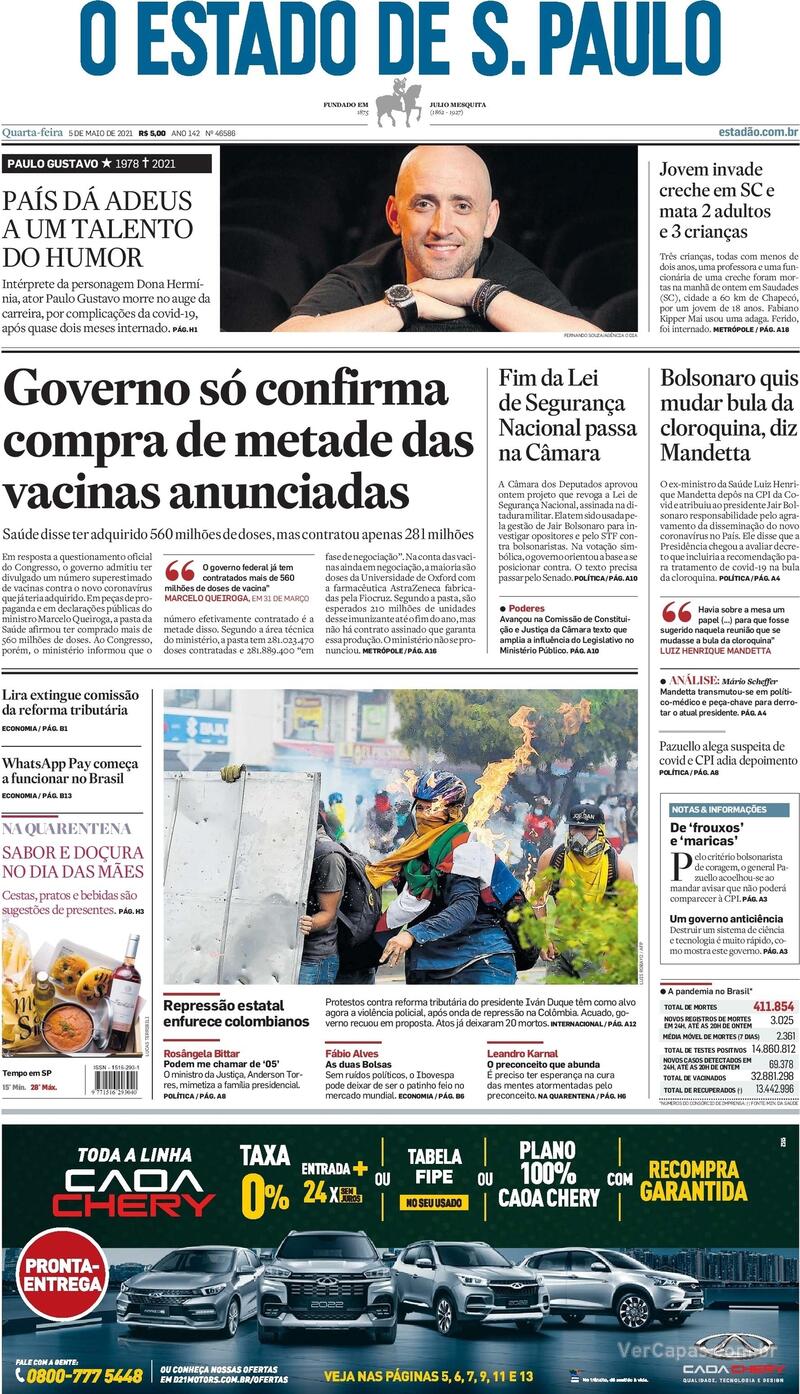 Capa do jornal Estadão 05/05/2021