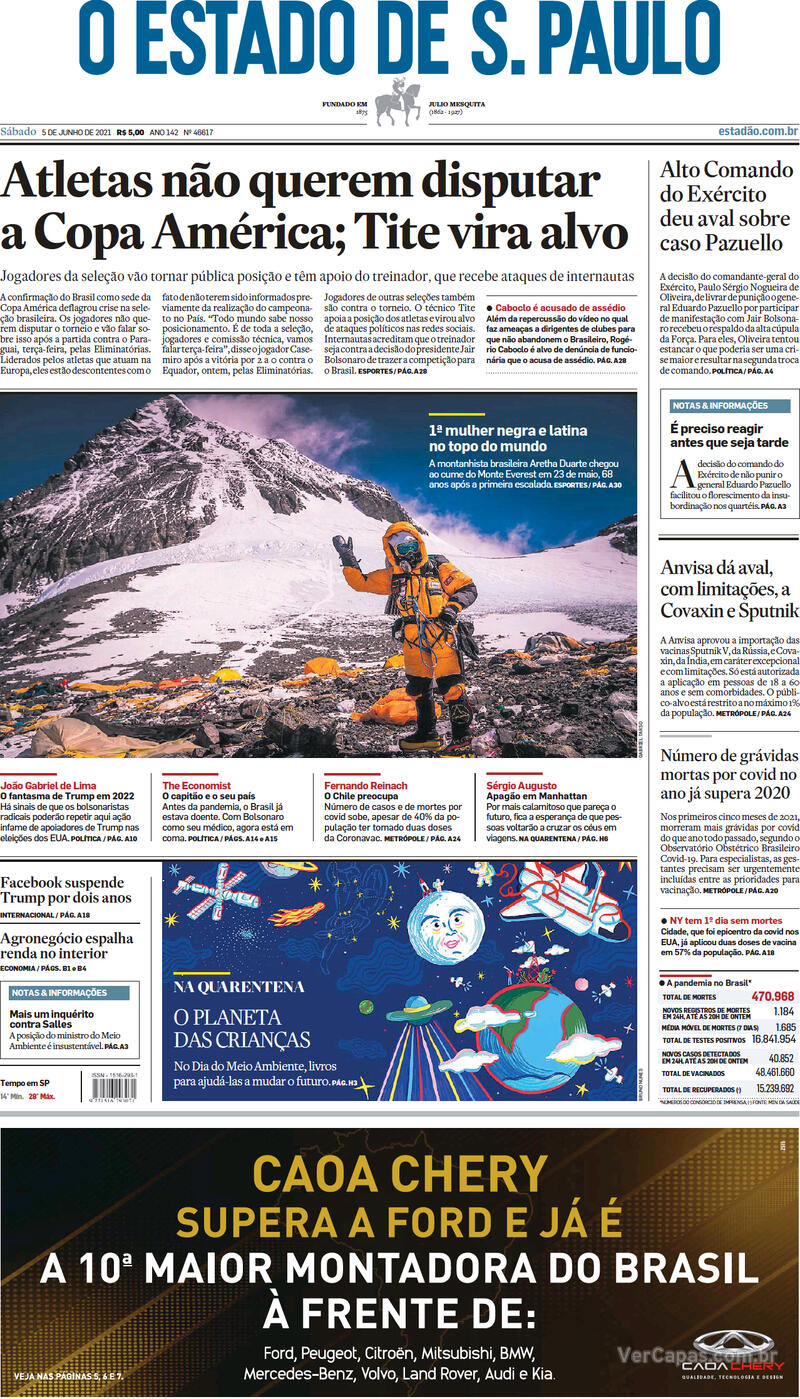 Capa do jornal Estadão 05/06/2021