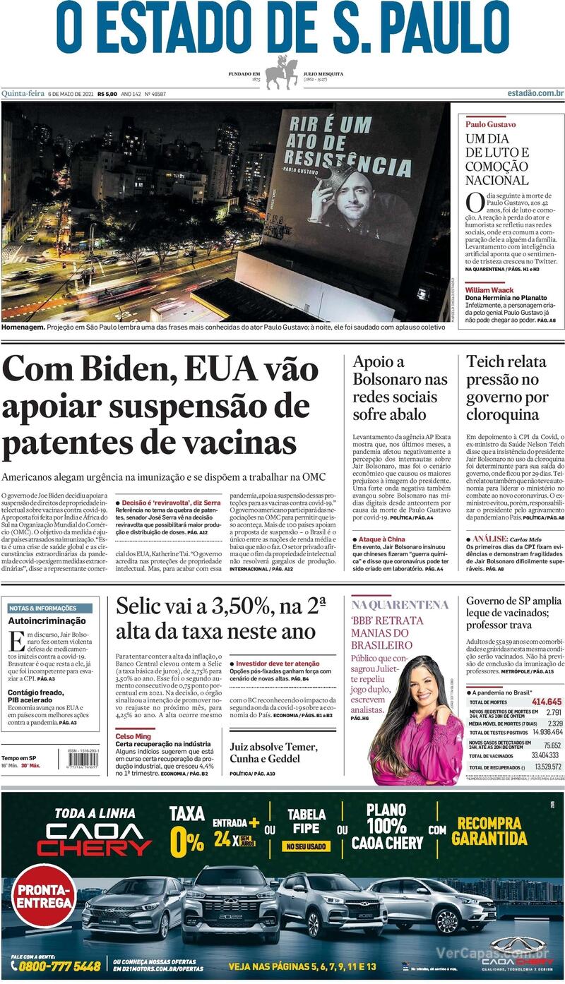 Capa do jornal Estadão 06/05/2021