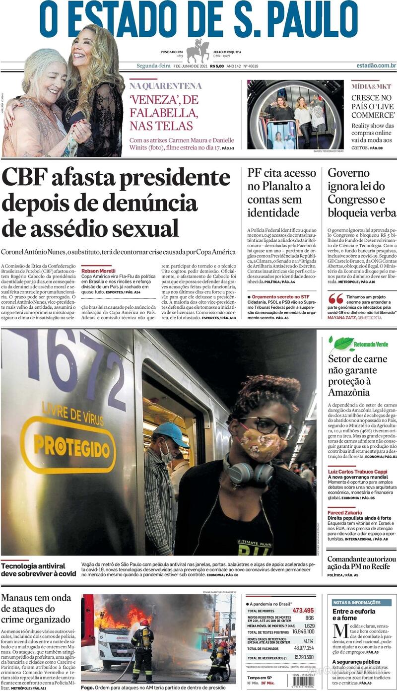 Capa do jornal Estadão 07/06/2021