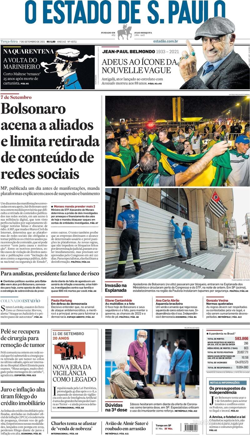 Capa do jornal Estadão 07/09/2021
