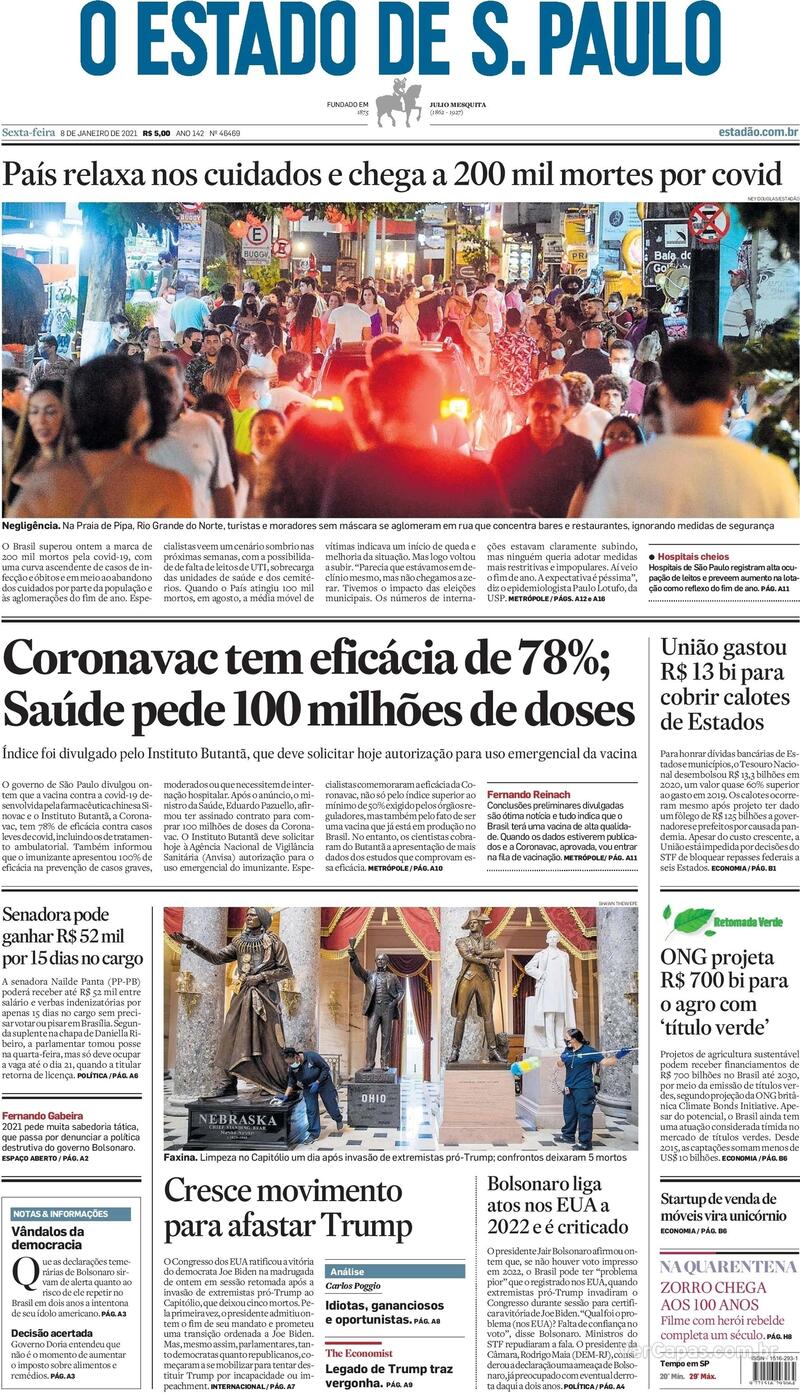 Capa do jornal Estadão 08/01/2021
