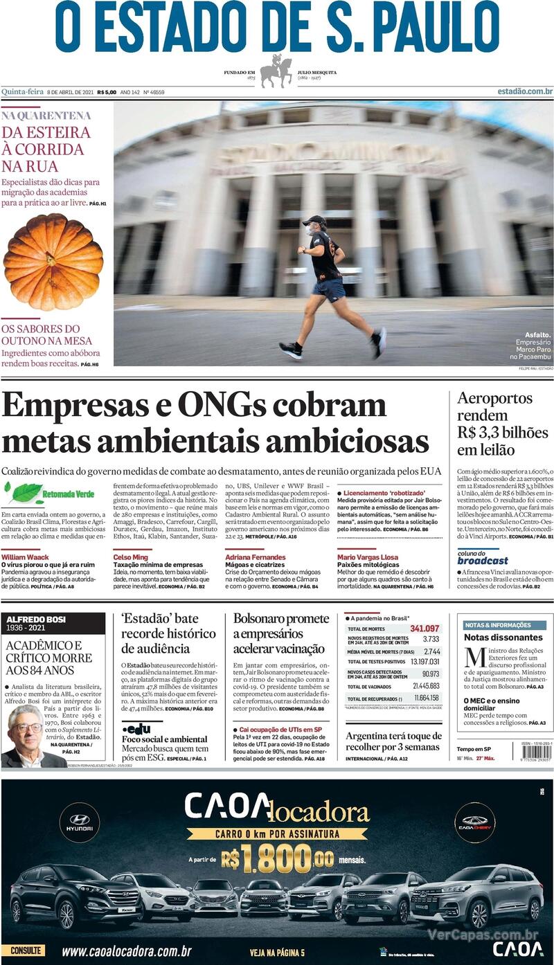 Capa do jornal Estadão 08/04/2021
