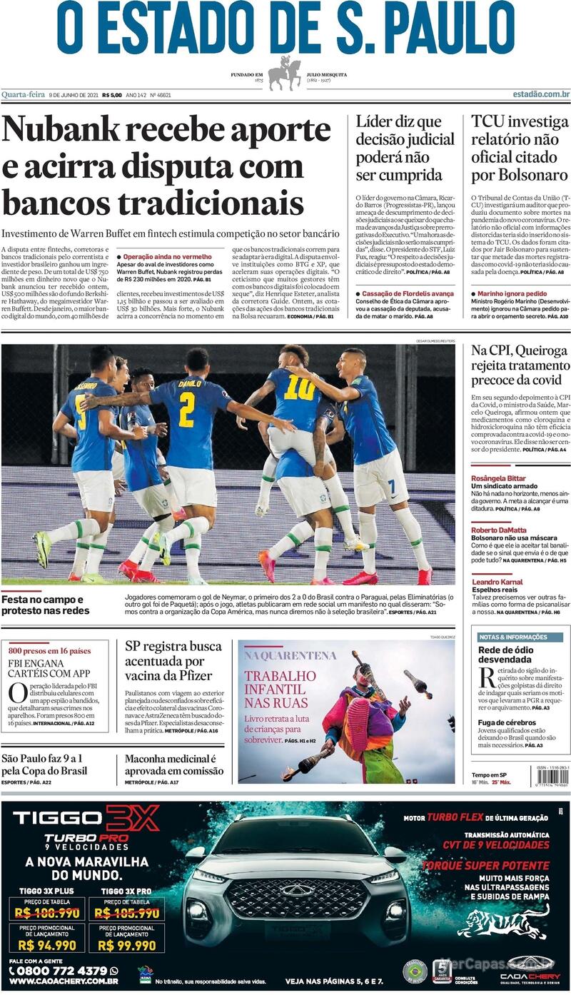 Capa do jornal Estadão 09/06/2021