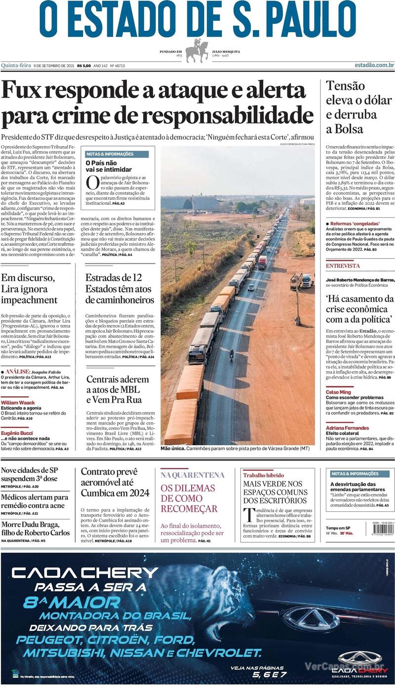 Capa do jornal Estadão 09/09/2021