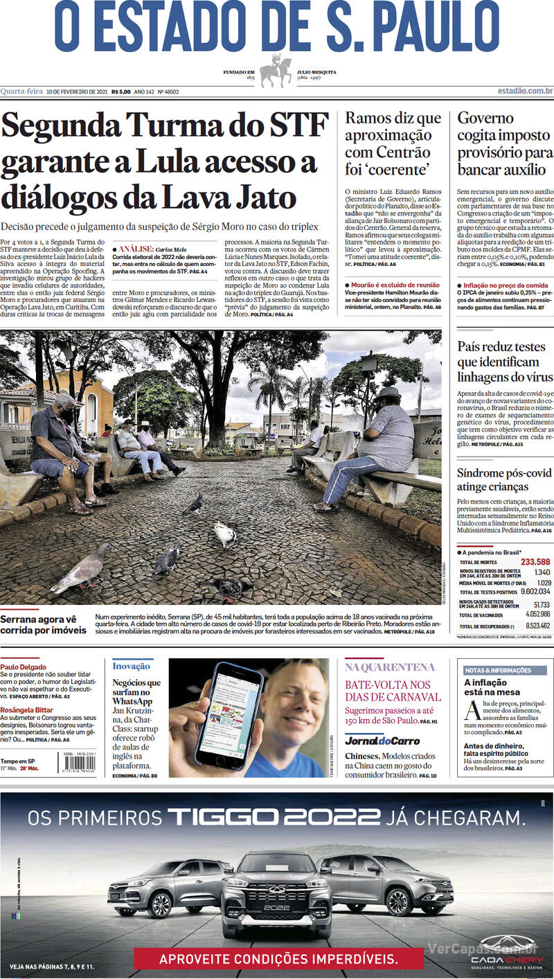 Capa do jornal Estadão 10/02/2021
