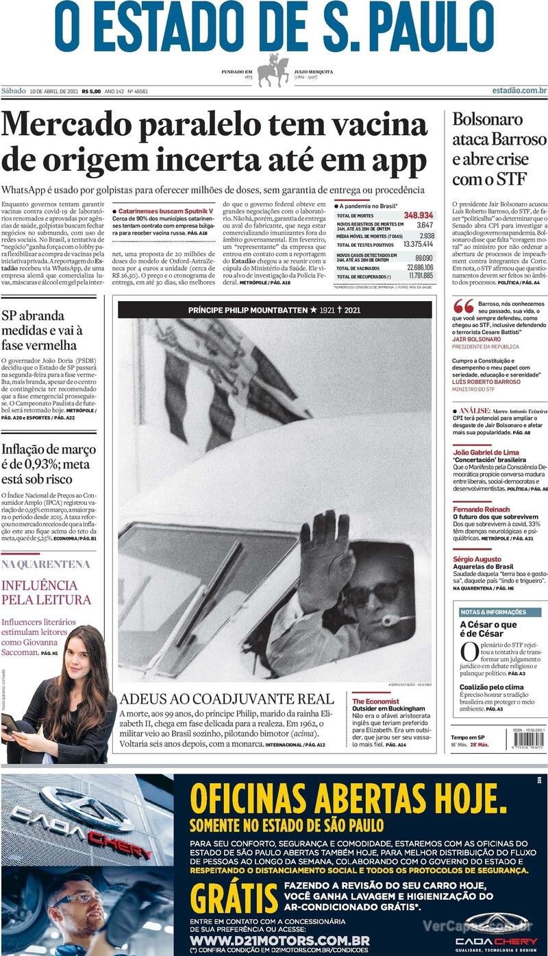 Capa do jornal Estadão 10/04/2021