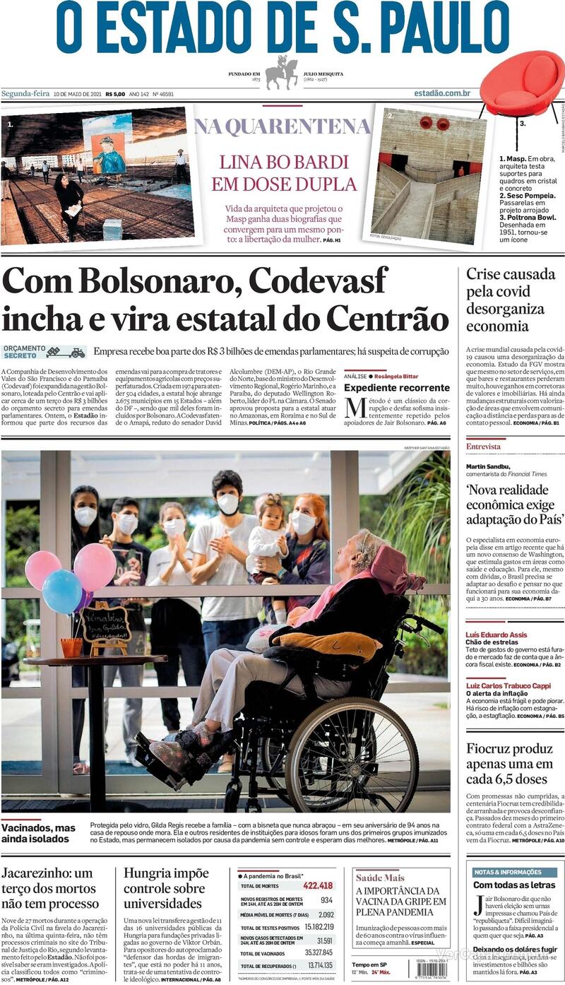 Capa do jornal Estadão 10/05/2021