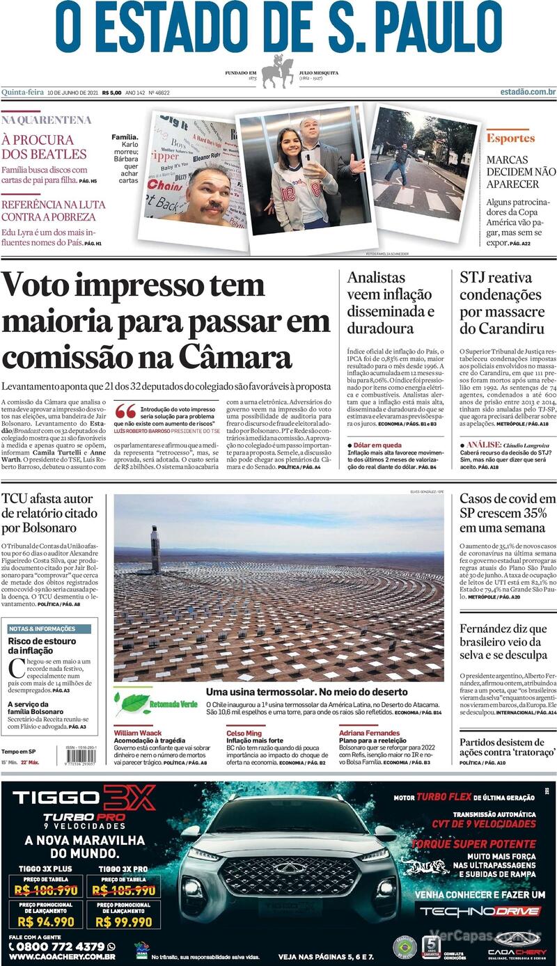 Capa do jornal Estadão 10/06/2021