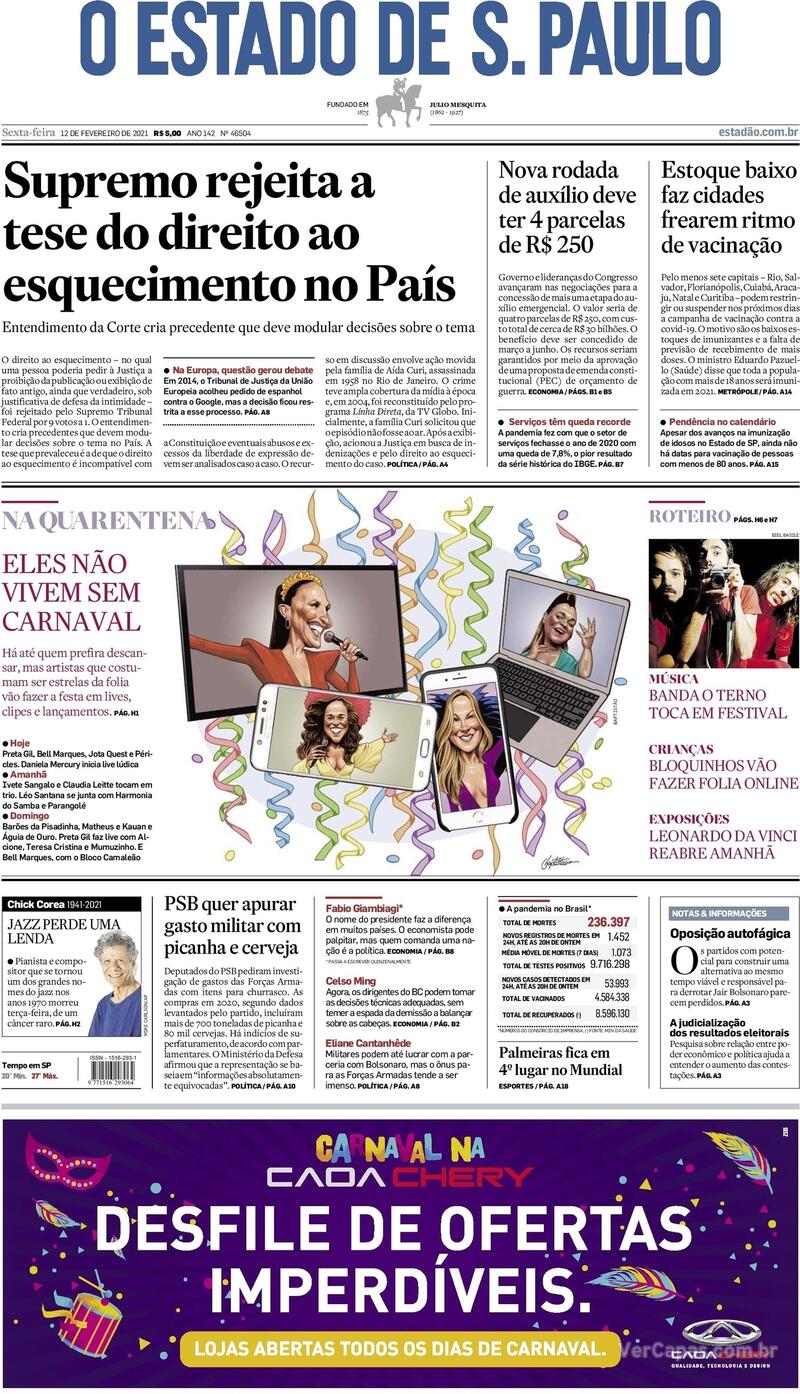 Capa do jornal Estadão 12/02/2021