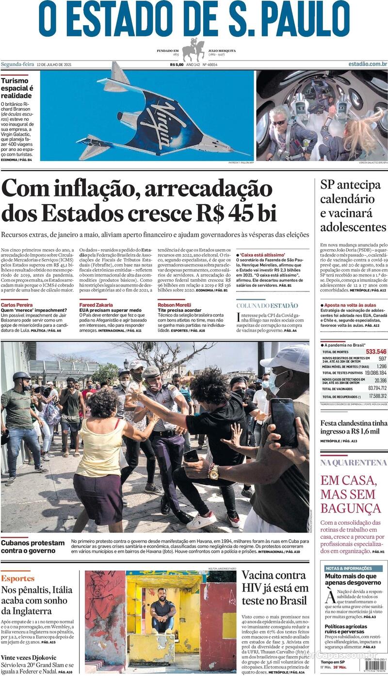 Capa do jornal Estadão 12/07/2021
