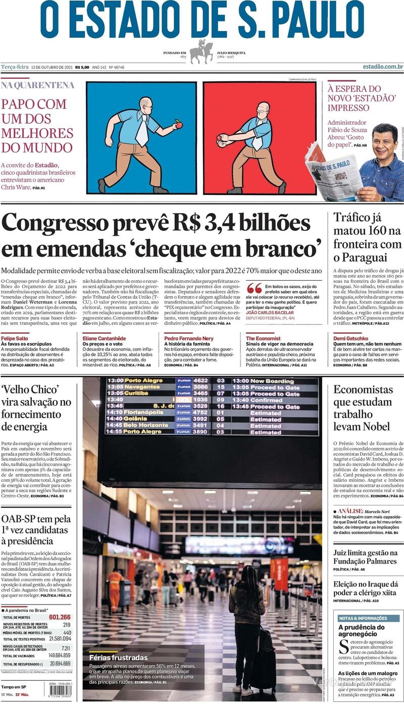 Capa do jornal Estadão 12/10/2021