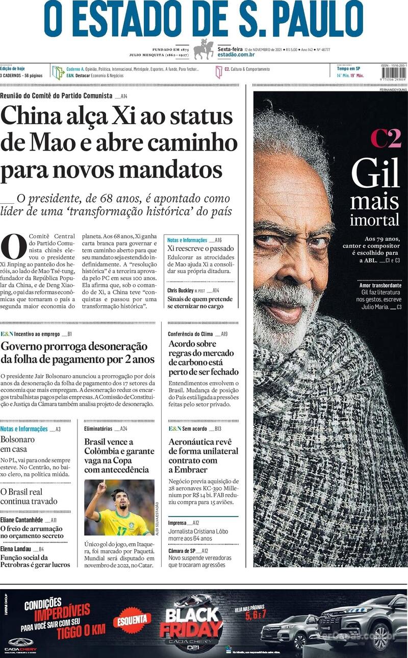 Capa do jornal Estadão 12/11/2021