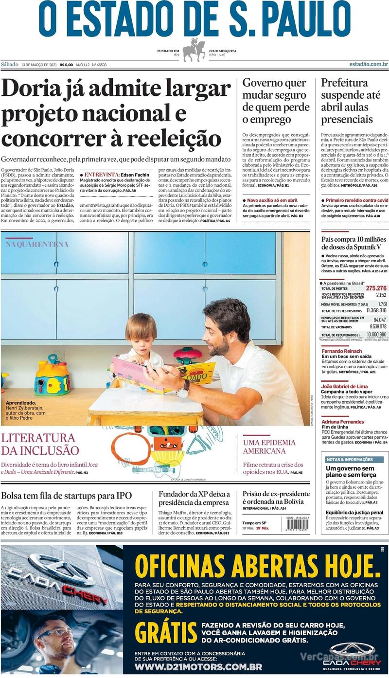 Capa do jornal Estadão 13/03/2021