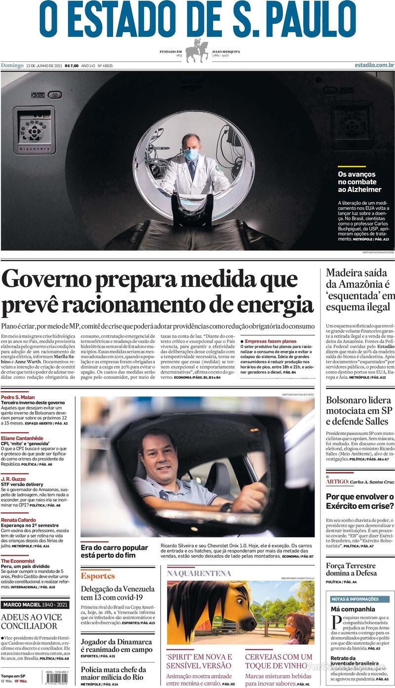 Capa do jornal Estadão 13/06/2021