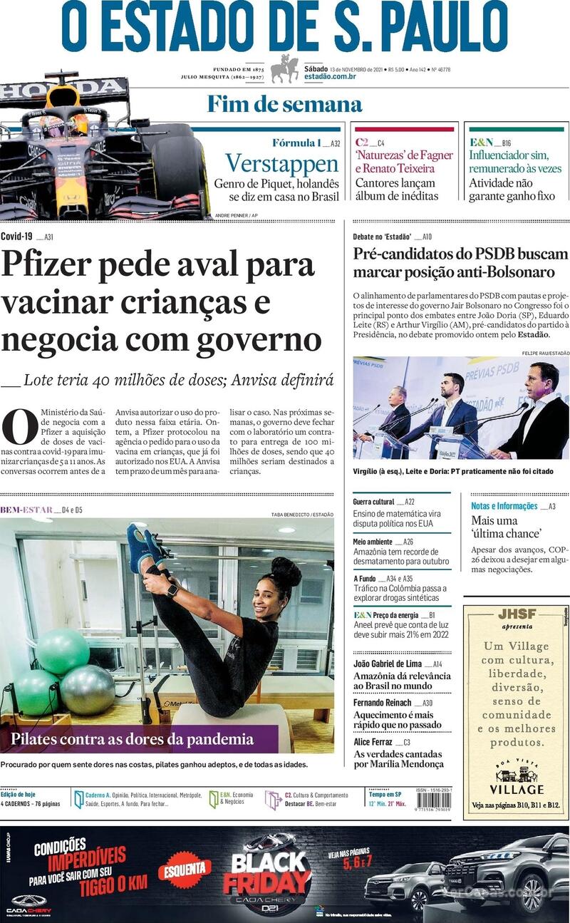 Capa do jornal Estadão 13/11/2021