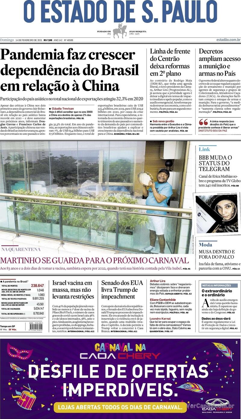 Capa do jornal Estadão 14/02/2021