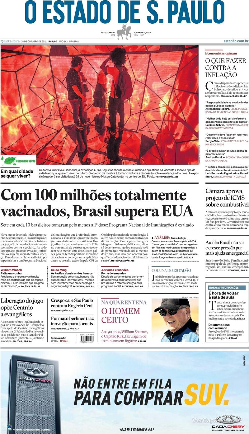 Capa do jornal Estadão 14/10/2021