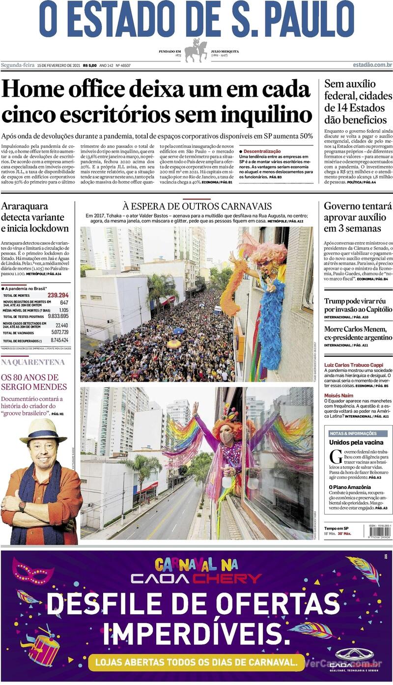 Capa do jornal Estadão 15/02/2021