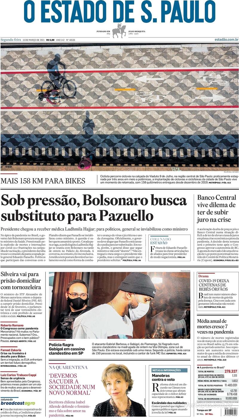 Capa do jornal Estadão 15/03/2021