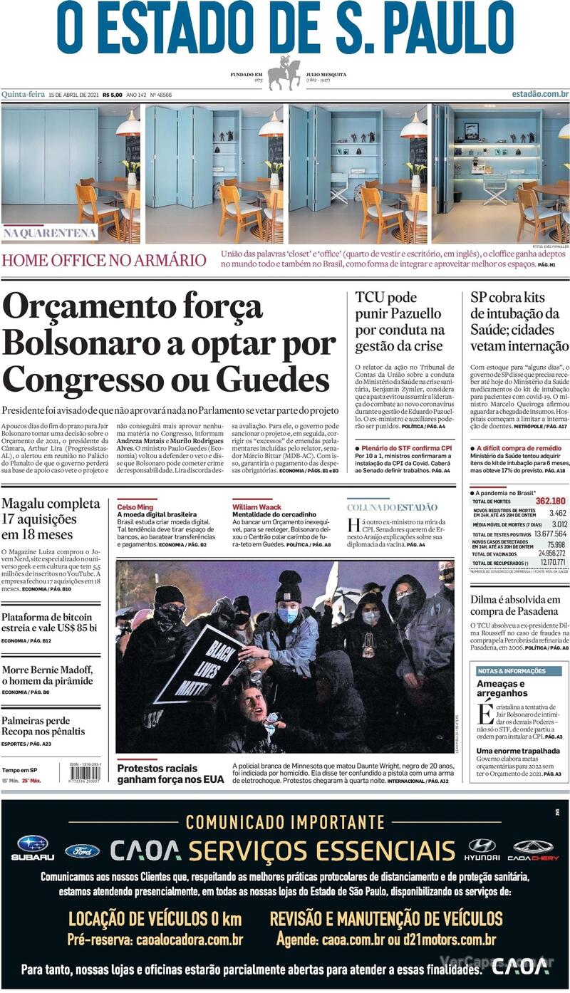 Capa do jornal Estadão 15/04/2021