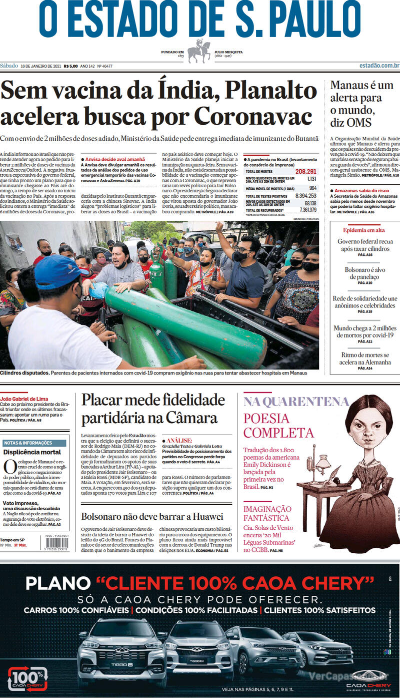 Capa do jornal Estadão 16/01/2021