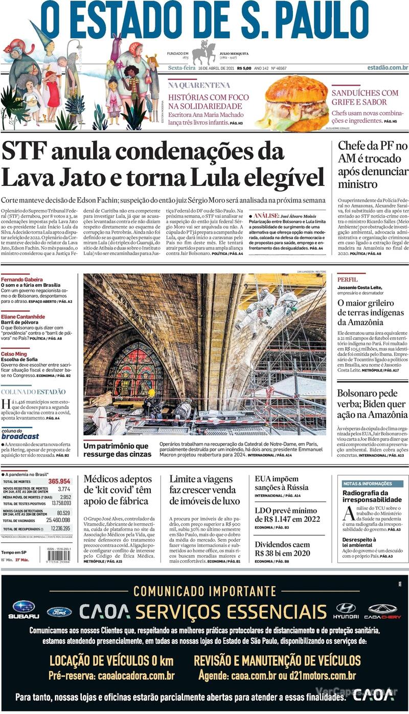 Capa do jornal Estadão 16/04/2021