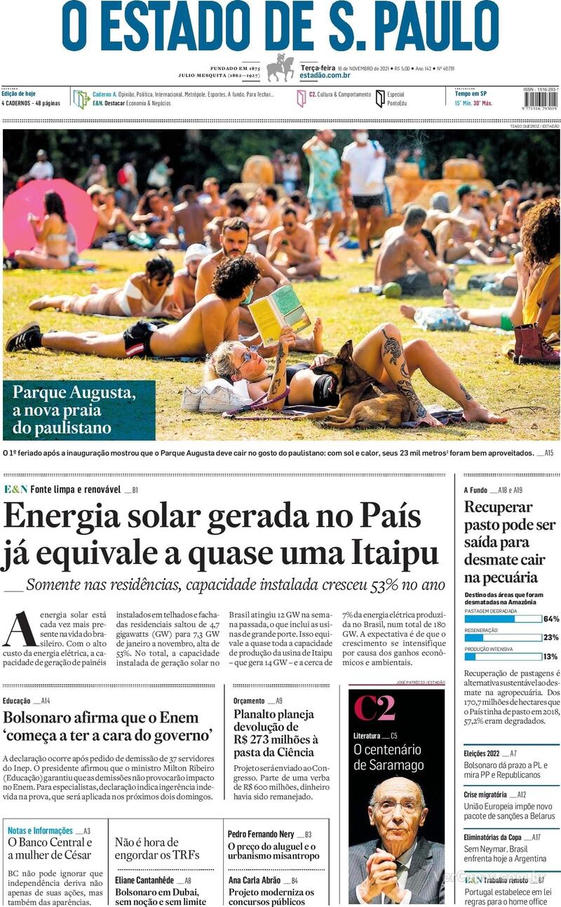 Capa do jornal Estadão 16/11/2021