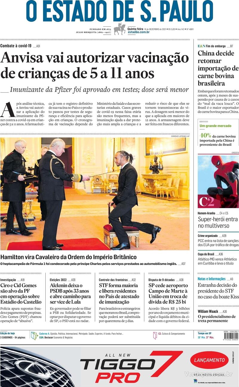 Capa do jornal Estadão 16/12/2021