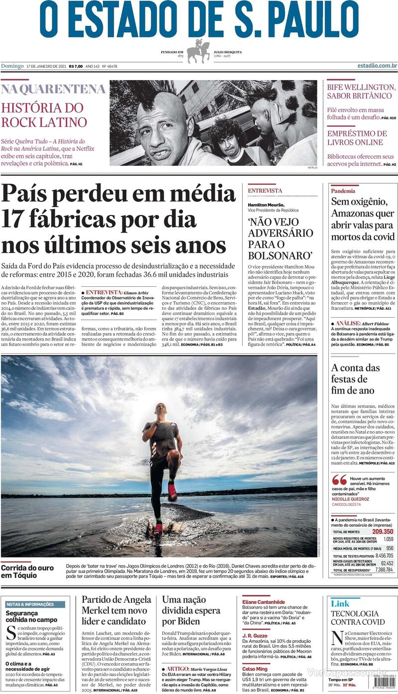 Capa do jornal Estadão 17/01/2021
