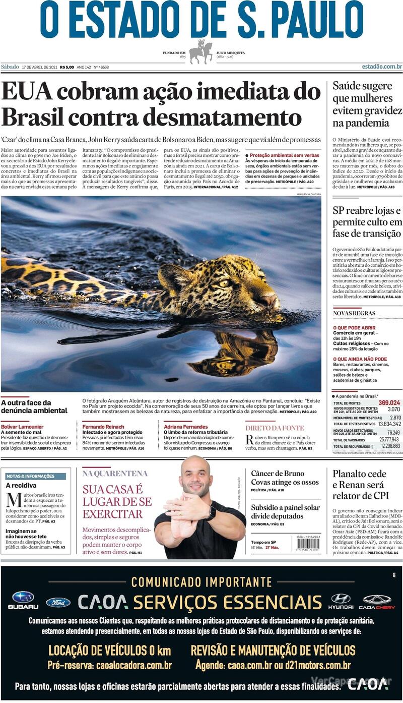 Capa do jornal Estadão 17/04/2021