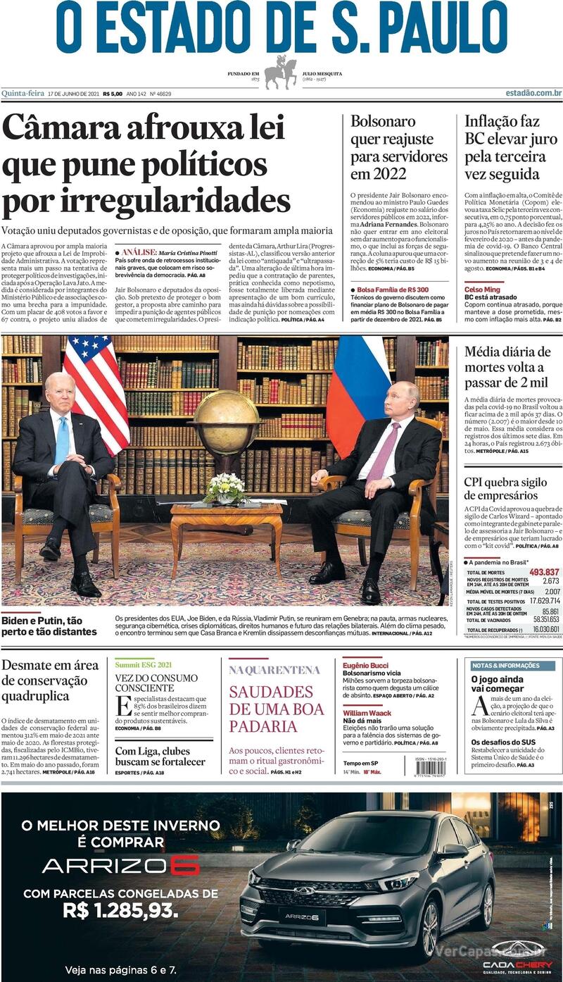 Capa do jornal Estadão 17/06/2021