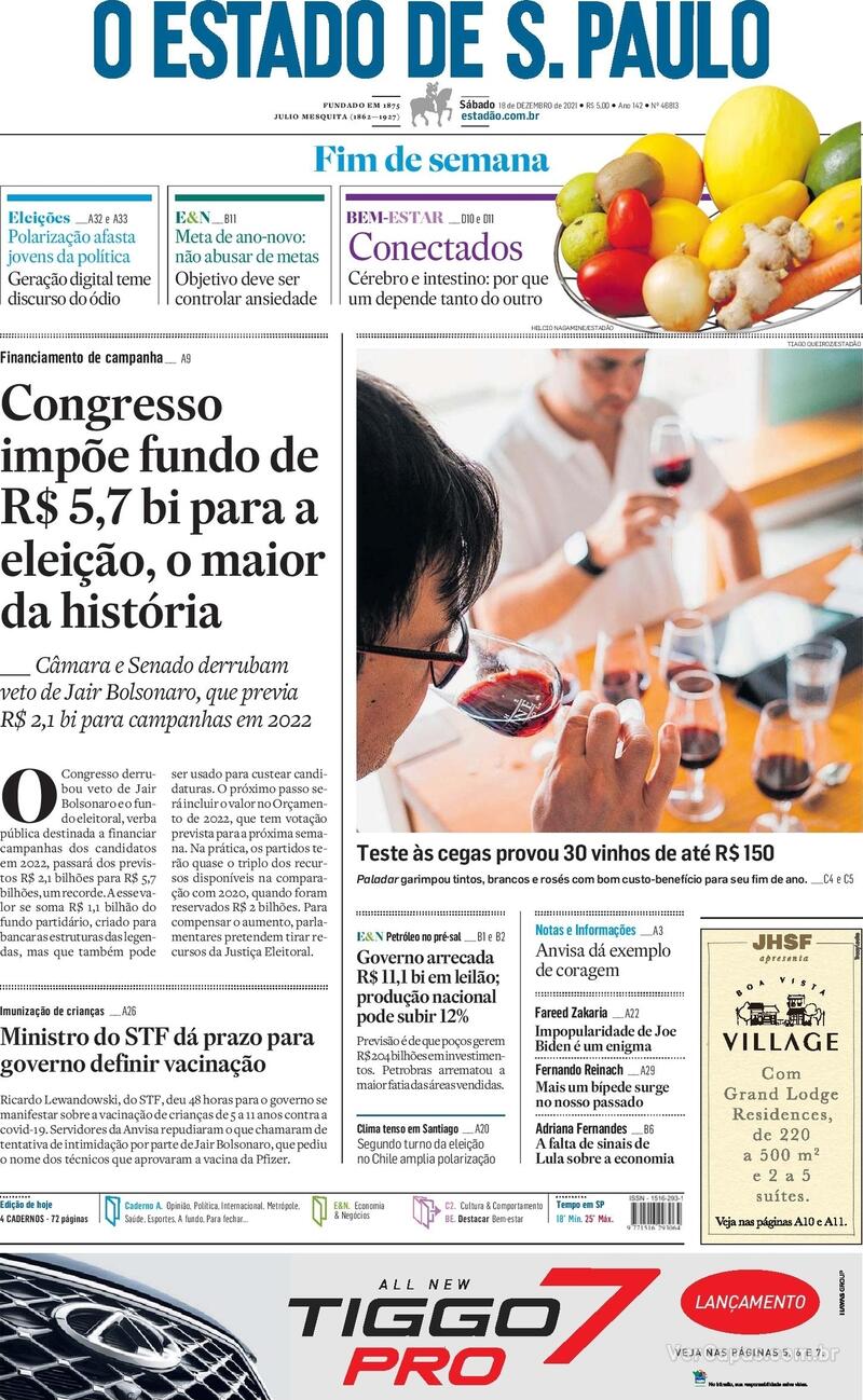 Capa do jornal Estadão 18/12/2021