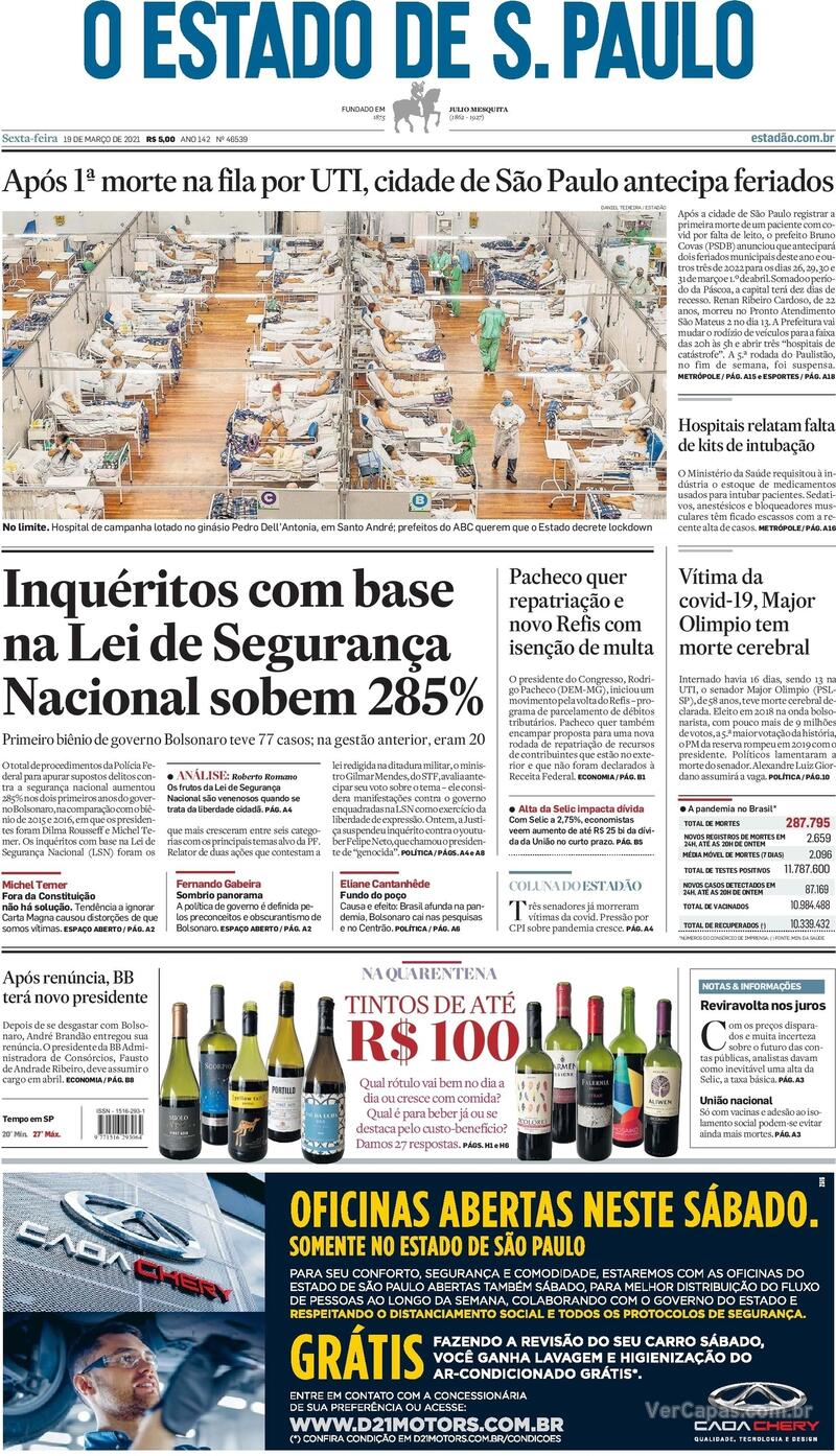 Capa do jornal Estadão 19/03/2021