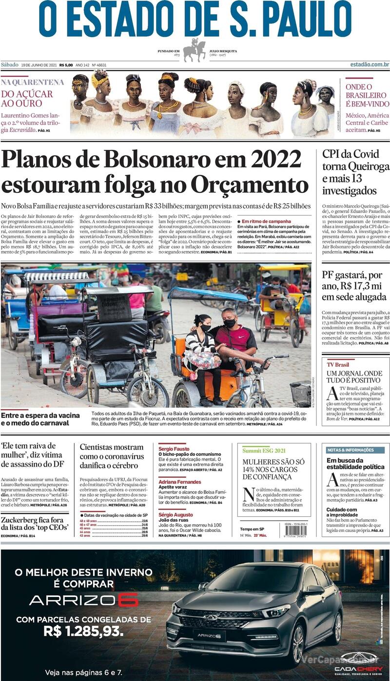 Capa do jornal Estadão 19/06/2021