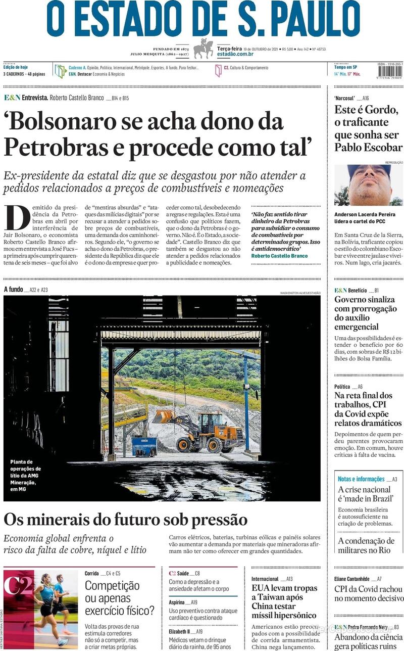 Capa do jornal Estadão 19/10/2021