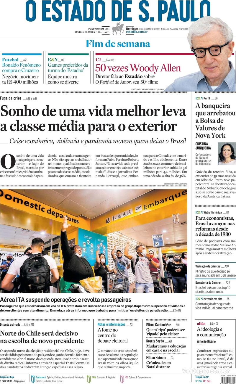 Capa do jornal Estadão 19/12/2021