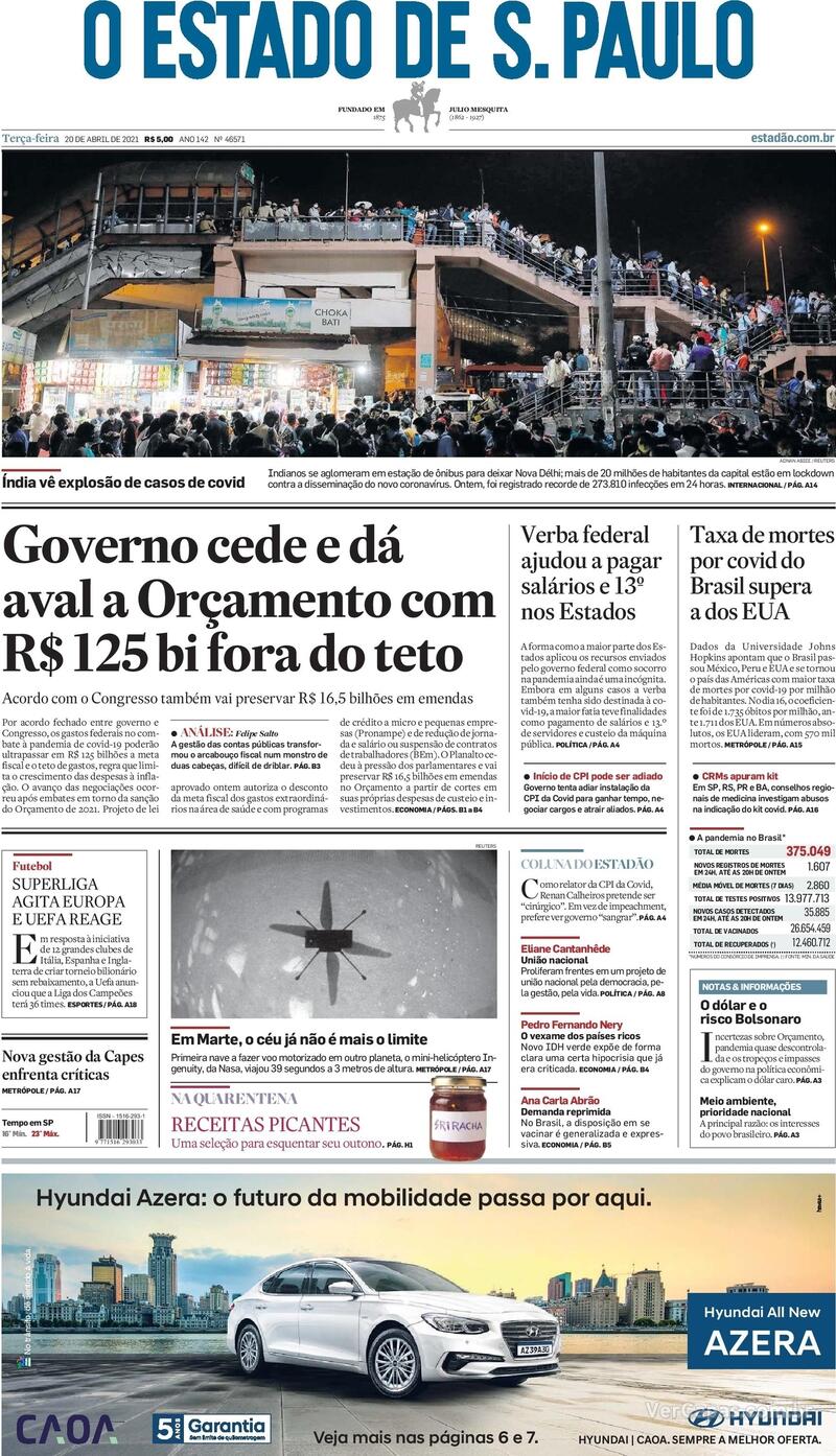 Capa do jornal Estadão 20/04/2021