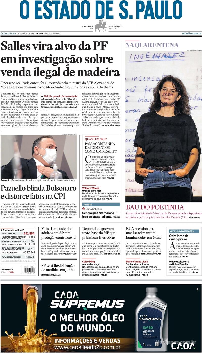 Capa do jornal Estadão 20/05/2021