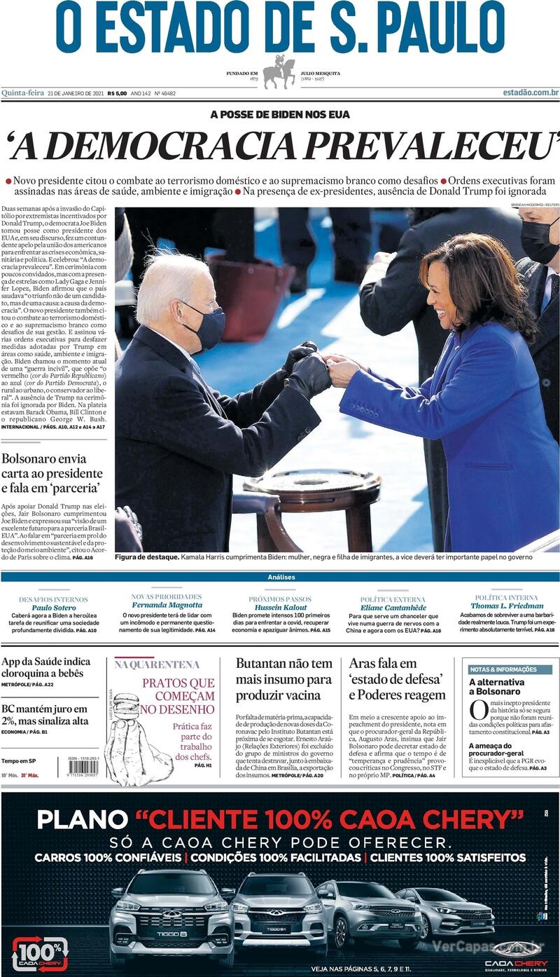 Capa do jornal Estadão 21/01/2021